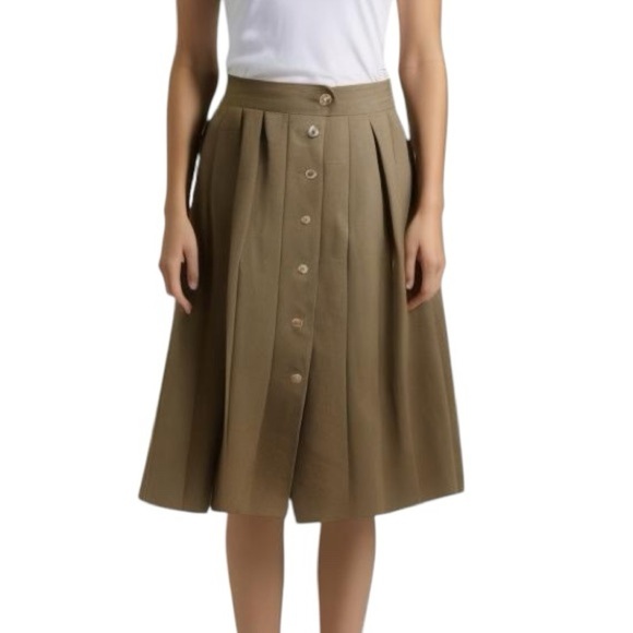 Liz Claiborne Dresses & Skirts - 80s LIZ CLAIBORNE KHAKI FRONT BUTTON CLOSURE LINED PLEATED MIDI SKIRT SZ S